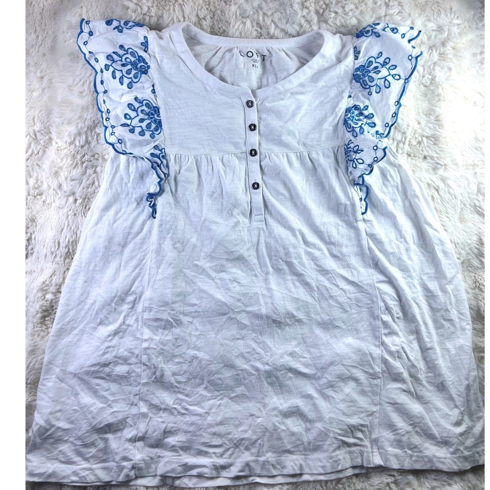 Loft Womens XL Petite White Cotton Henley Top Blue Embroidered Flutter   A29